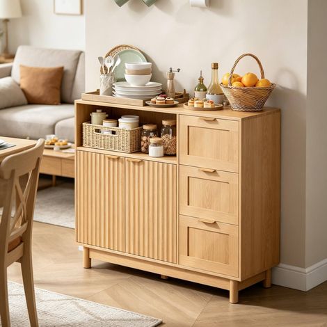 Aparador mueble almacenaje con cajones MDF 90x35x80 cm OKMYHOME (1/5)