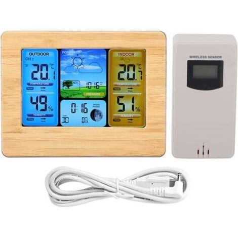 Station météo numérique LCD sans fil, horloge, thermomètre, humidité intérieure et extérieure (jaune) (1/5)