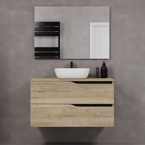 Meuble de salle de bain 100cm avec plateau et vasque à poser zeus - 2 tiroirs - madera miel (chêne clair) - LUNA (1/5)