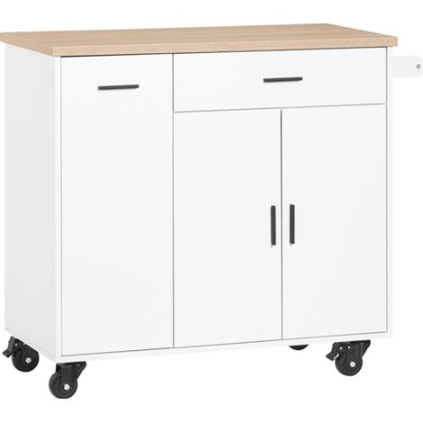 SoBuy FKW126-WN Kitchen Trolley on Wheels Kitchen Island Serving Cart Buffet Cabinet Cupboard with 2 Drawers, 2 Doors, Towel Rack, 105x46x92 cm