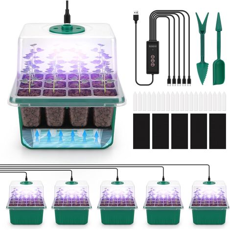 Self-Irrigation Seed Starter Tray, Indoor Greenhouse Grow Box with Lamp for Plants, 5 Pieces 40 Cells Mini Greenhouse Grow Kit with Timing Controller (1/5)