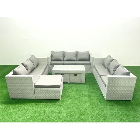 Fimous Rattan Garden Outdoor Furniture Set 12 Seater Garden Sofa Oblong Coffee Table Set with 3 Footstools Light Grey Mixed