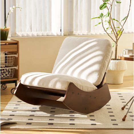 Silla mecedora glider tapizada con estructura de madera maciza, tejido de pana blanca (1/5)