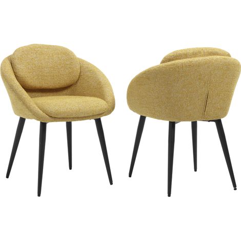 Wahson Chaise de Salle à Manger en Chenille Lot de 2, Chaise de Cuisine Moderne avec Dossier Rond et Pieds en Métal Noir, pour Salon/Chambre, Jaune