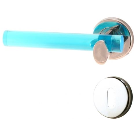 Ouvre&Déco – Poignée de porte gauche VITAMINE – Rosace ronde – Métal acrylique translucide bleu – Clé L de confidentialité – Non réversible