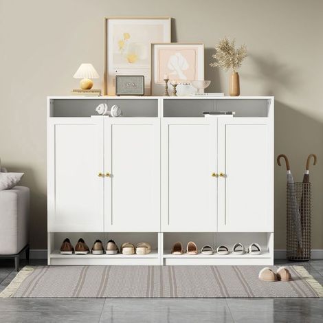 Meuble À Chaussures 146x34x109cm 2 Portes Blanc - Rangement Chaussures - Étagères Réglables, Poignées Métal Doré, Style Moderne (1/5)
