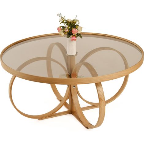 Mesa de Centro Gargallo, Cristal Templado, Redonda, Estructura de Vidrio, 100x100x47h cm Roble Marrón