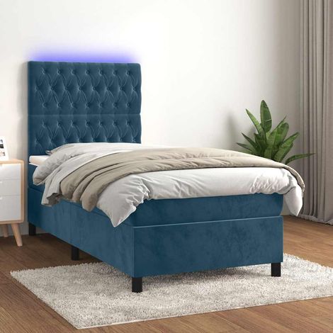 Cama box spring colchón y LED terciopelo azul oscuro 90x190 cm (1/5)