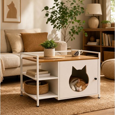Katzenmöbel mit Öffnung, 2 Regalen, weiß und Holzoptik HAVRYA (1/5)