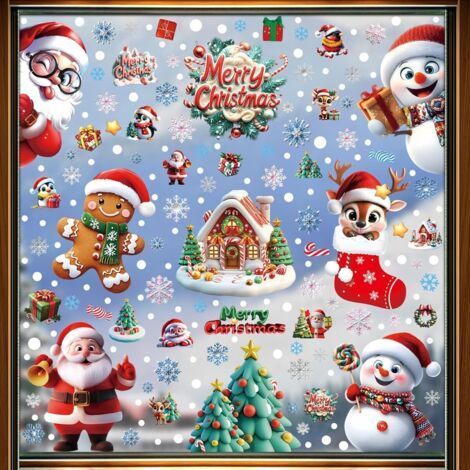 Christmas Window Clings, 9 Reusable Static Clings, PVC Self-Adhesive, Snowflake and Santa Claus Patterns, Suitable (1/5)
