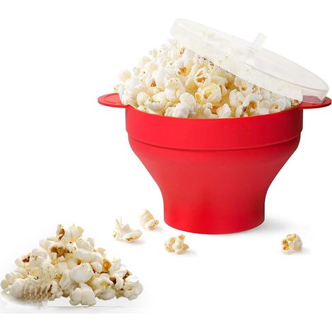 Máquina para hacer palomitas de maíz de silicona roja sin BPA para microondas, recipiente plegable de 25,5 x 14,5 cm, ideal para fiestas, el hogar y la cocina. (1/4)