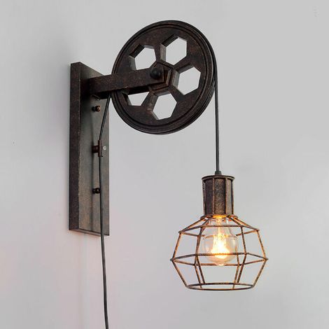 – Applique murale rétro industrielle E27 – Abat-jour métal et poulie bois – 60W max – Pour café, restaurant, loft, salon (1/5)