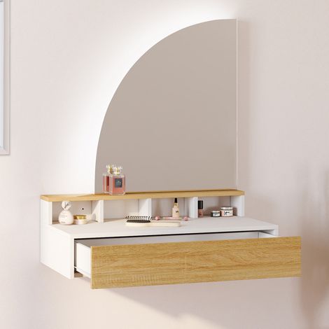 Tocador suspendido ZELIA con espejo LED, 4 huecos, 1 cajón, madera y blanco