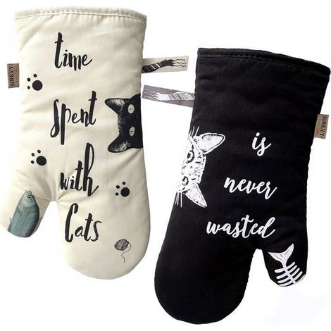 Gants de Cuisine Anti Chaleur Manique Barbecue Ivoire et Noir Motif Chat (1/4)