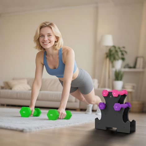 Set de Mancuernas Hexagonal 2 x1kg 2 x2kg 2 x3kg con Soporte de Almacenamiento para Entrenamiento en Casa Multicolor (1/5)