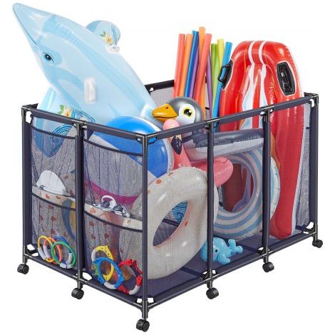 Pool-Aufbewahrungsbehälter, 125x84x84 cm, Aufbewahrungsbox, Aufbewahrungswagen, Organizer mit Seitentaschen & Rollen, Robustem Metallrahmen, Netzkorb für Poolspielzeug (1/5)