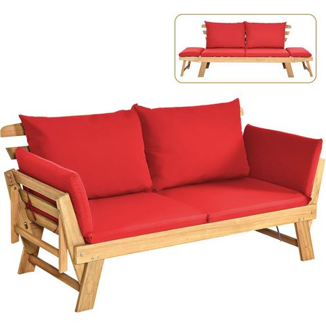 COSTWAY Gartenbank mit Liegefunktion, Gartensofa mit Auflagen und klappbaren Armlehne, Balkonbank aus Holz, Sitzbank für Garten, Terrasse, Balkon, 198 x 75 x 75 cm, Rot (1/5)