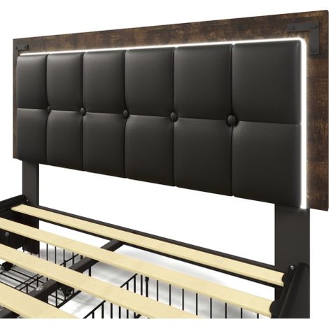 Bettgestell mit LED-Beleuchtungsleiste und 4 Schubladen, Doppelbett Polsterbett, Höhenverstellbarem Kopfteil, Funktionsbett, PU Schwarz (Ohne Matratze)