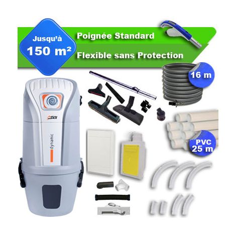 Aspirateur central SACH VAC Dynamic 2.4 kW garantie 4 ans + flexible rétractable 16 m standard + 7 accessoires + kit 1 prise RETRAFLEX + kit prise balai (rayon d'action 150 m2) (1/5)
