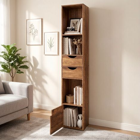 Schmales Bücherregal mit 3 Fächern, 2 Schubladen und Schrank, 30 x 24 x 157,5 cm, Braun (1/5)