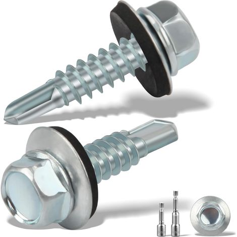 Lot de 300 vis auto-taraudeuses à tôle 4,8 x 19 mm pour tôle ondulée avec disque d'étanchéité + 2 pièces de clé à six pans M8 galvanisées vis autoperceuses (argent) (1/5)