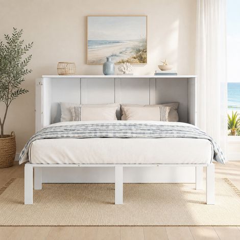 DESMIU Lit escamotable 2 places avec rangement et fonction console 140 × 200 cm, sans matelas, en bois, blanc (1/5)