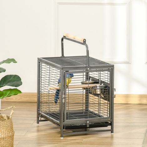 Tragbarer Vogelkäfig mit 2 Holzsitzstangen, 2 Futternäpfen und herausnehmbarer Schale, 48 x 38 x 47,8 cm, Schwarz