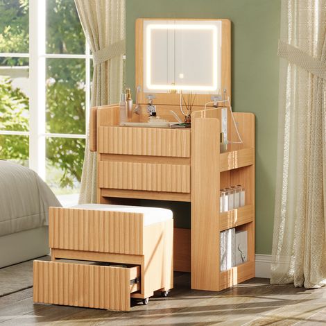 Coiffeuse naturel compacte 79 x 40 x 120 cm avec miroir LED rabattable, 2 prises, USB Type-C, tabouret à roulettes, 3 tiroirs et plateau pliant (1/5)