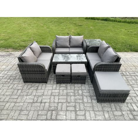 Fimous Ensemble de meubles de jardin en polyrotin 8 Pièces avec Table basse rectangulaire Canapé à deux places 3 Tabourets Table d'appoint (1/5)