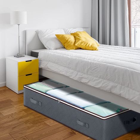 Sac De Rangement Sous Lit - Tissu Non Tissé Épais - Couvercle Transparent En Pvc - Poignées Renforcées - Pliable - Gris - 100 X 50 X 15 Cm - 1 Pièce (1/5)