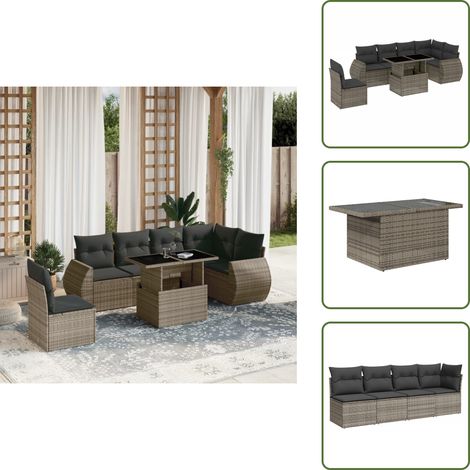 7-tlg. Garten-Sofagarnitur mit Kissen Grau Poly Rattan - Gartenmöbel Set - PE-Rattan Möbel - Outdoor Lounge - Gartenlounge - Terrassenmöbel (1/5)