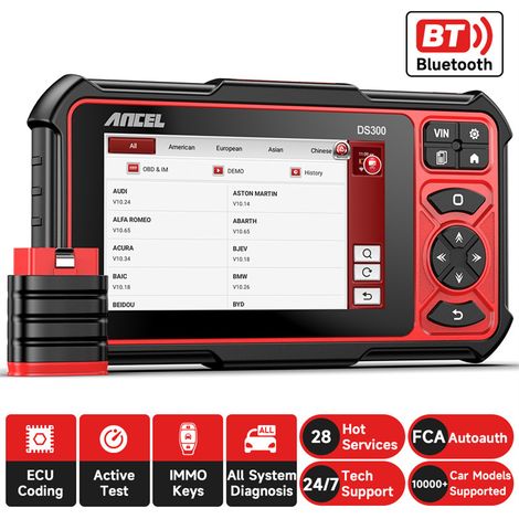 Valise Diagnostic Auto Bluetooth ANCEL DS300 Scanner OBDII Tous Systèmes, Codage ECU, Test Actif, IMMO Clés, 28 Fonctions Réinitialisation Entretien, Compatible 10000+ Modèles Voiture 12V