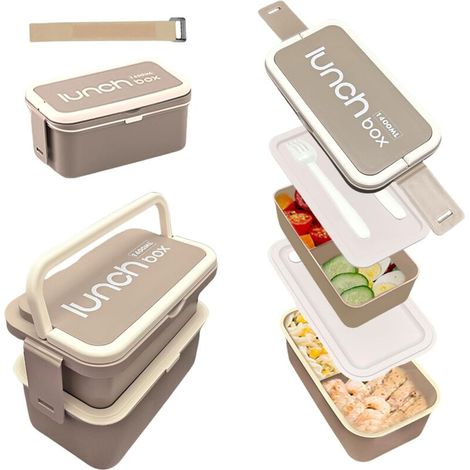 1400ml Boite Repas Compartiment, Lunch Box Intégrées à 2 Couches, Bento Lunch Box Anti-fuite avec Couverts pour le Travail, Gris