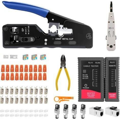 Kit d'outils réseau, pince à sertir Pass Through RJ45 pour Cat7, Cat6, Cat5 avec 4 fiches réseau Cat7 sans outil, testeur réseau, 10 connecteurs RJ45, outil de pose LSA, outils de réparation (1/5)