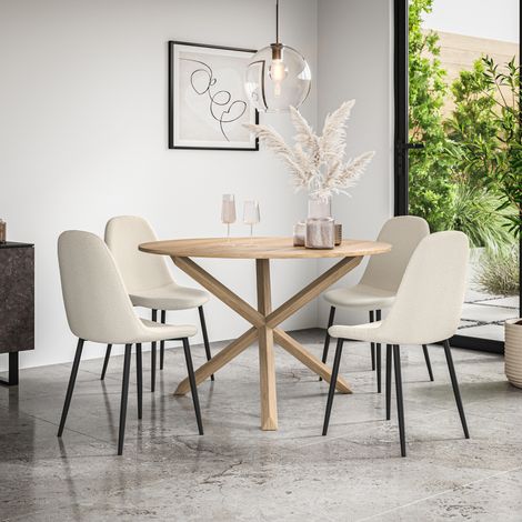 Malvern Round Dining Table And Chairs - Oak Table Top w Solid Oak Legs + Maya Boucle Dining Chair Set Of 4 (Ivory White) (1/5)