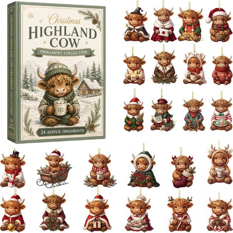 Adventskalender „Weihnachtskuh mit grünem Umhang“ 2026 – 24 flache 2D-Acryl-Anhänger – niedliche Weihnachtskuh mit grünem Umhang – Christbaumschmuck und einzigartiges Geschenk für Tierliebhaber (1/5)