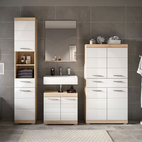 Colonne salle de bain + 2 meubles + miroir chêne et blanc - LAMBY
