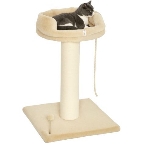 Arbre à chat grattoir design jeu boule et cordelette suspendue+ plateforme peluche - 55 x 55 x 83 cm - sisal beige (1/5)