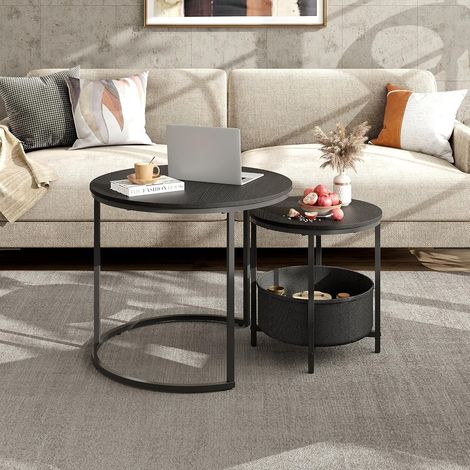 Table basse ronde avec espace de rangement, ensemble de tables d'appoint noires avec structure en métal, petite table de salon avec plateau en bois, table de chevet pour salon, balcon et bureau, noire (1/5)