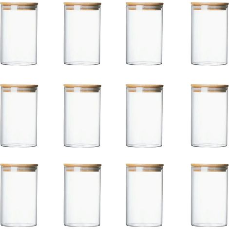 (12 pièces) Bocaux de rangement en verre avec couvercles en bambou hermétiques, adaptés au stockage du thé, des grains de café, du sucre et des bonbons. (1/5)