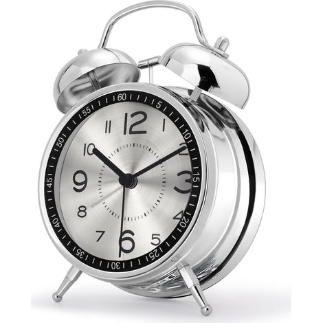 Reveil Bruyant pour Dormeurs Lourds, Double Cloche Fort, avec Lumière de Nuit, Grand Réveil Matin Métal, Horloge de Table Analogique Silencieux pour Chambre Bureau 16cm, Argenté (1/3)