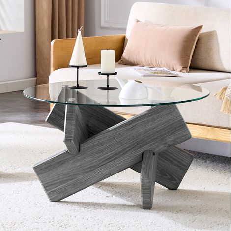 Table basse ronde 79x79x45 cm grise et transparente en MDF et verre avec piètement croisé (1/5)