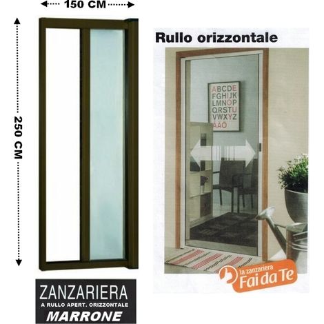 Zanzariera a rullo in alluminio per porte/balconi con profilo riducibile/regolabile avvolgimento orizzontale 150x250cm Marrone