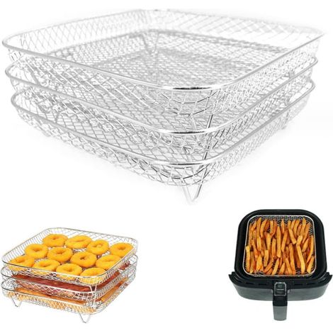 Zubehör für Heißluftfritteusen, 3-teiliges Set stapelbarer Grillroste für Heißluftfritteusen, 20 cm quadratisch, aus Edelstahl 304, inklusive Frittierkorb (quadratisch). (1/5)