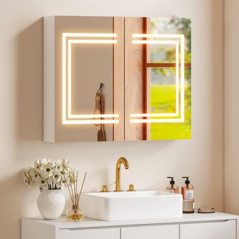 Armoire miroir salle de bain blanc bois‑verre, LED tactile, étagères réglables, 80 x 15 x 65 cm (1/5)