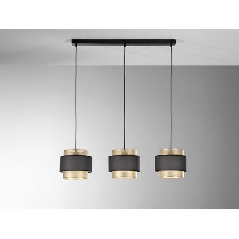 LED Hängelampe 3-flammig, Metall Gold mit Stoffblende Schwarz, Breite 85cm