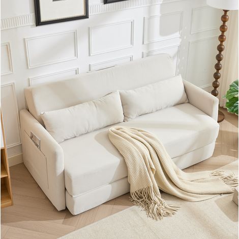 Sofá cama plegable de 2 plazas en tejido de pana beige 165 x 92 x 82 cm con 2 cojines (1/5)