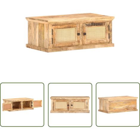 The Living Store Table basse 90x50x35 cm Bois de manguier et canne naturelle - Table Basse - Meuble Rustique - Bois De Manguier - Table D'appoint - Rangement (1/5)