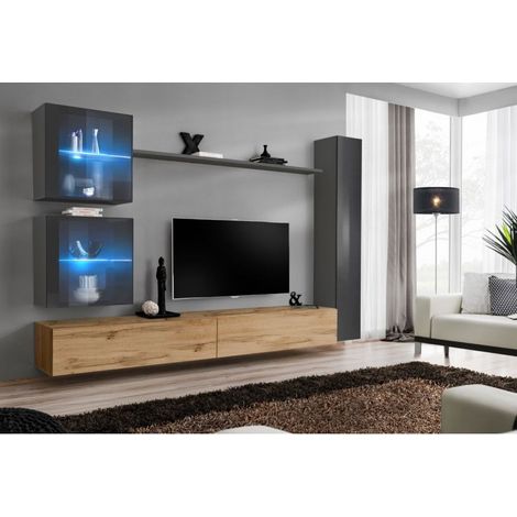 Ensemble mural - Switch XVIII - 2 vitrines LED - 1 vitrine verticale - 2 bancs TV - 1 étagère - Bois et graphite - Modèle 2 - Livraison gratuite
