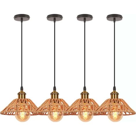 4pcs Rétro Suspension Luminaire Industriel Lustre Plafonnier Vintage en Corde de Papier Tissé Lampe Abat-jour Design Chapeau (1/5)